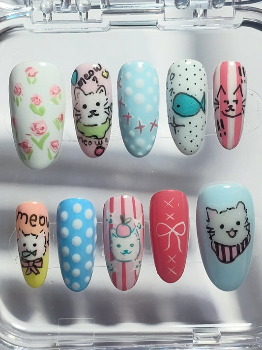 "Pastel Polka Dot Kitty" Press Ons