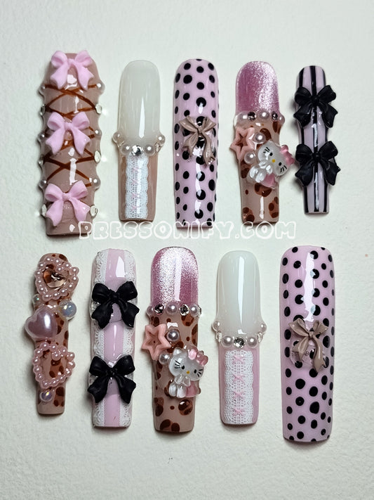 Lacy Kitty In Pink Press Ons ‧₊♡
