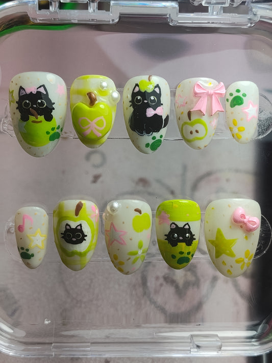 "Green Apple Kitties" Press Ons