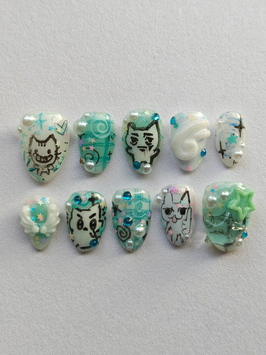 "Silly silly kitties blue ver. " press ons