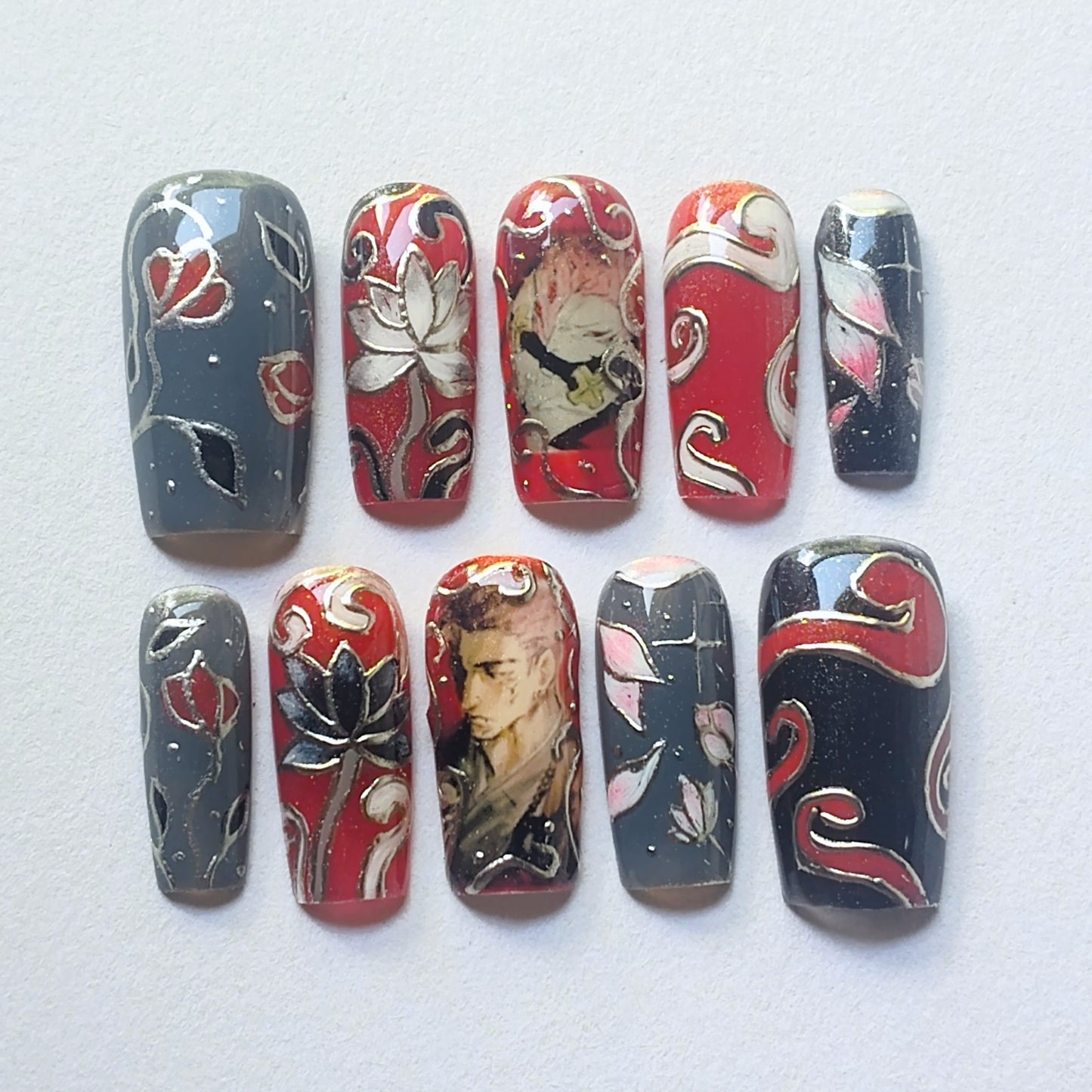 "Crimson Ink & Lotus" customizable character press ons