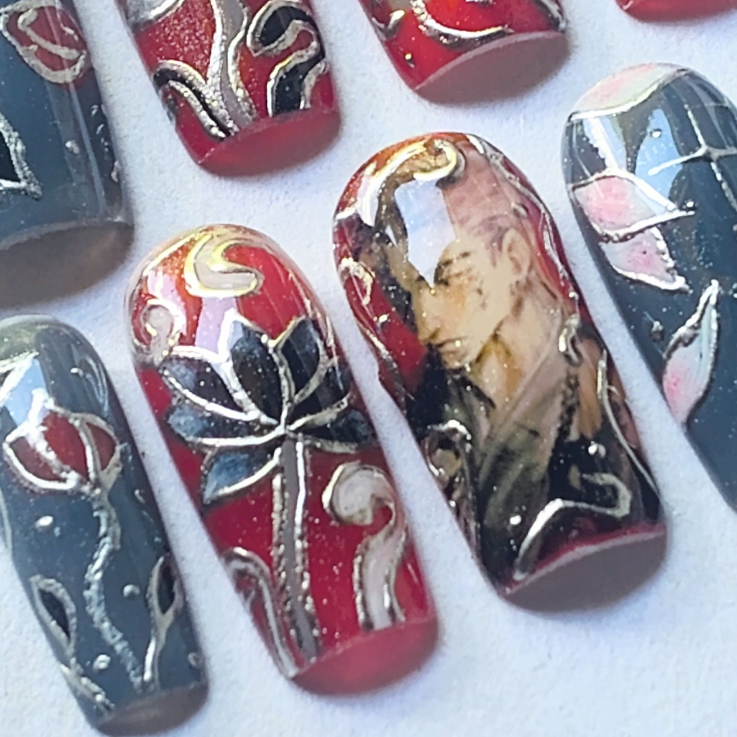 "Crimson Ink & Lotus" customizable character press ons